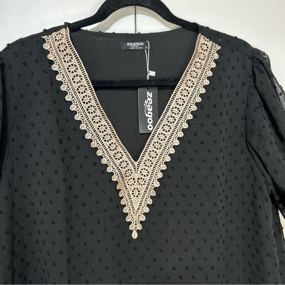 Women Black V Neck Puff Short Sleeve Top Swiss Dot chiffon Lace size X-Large NWT - Picture 2 of 9
